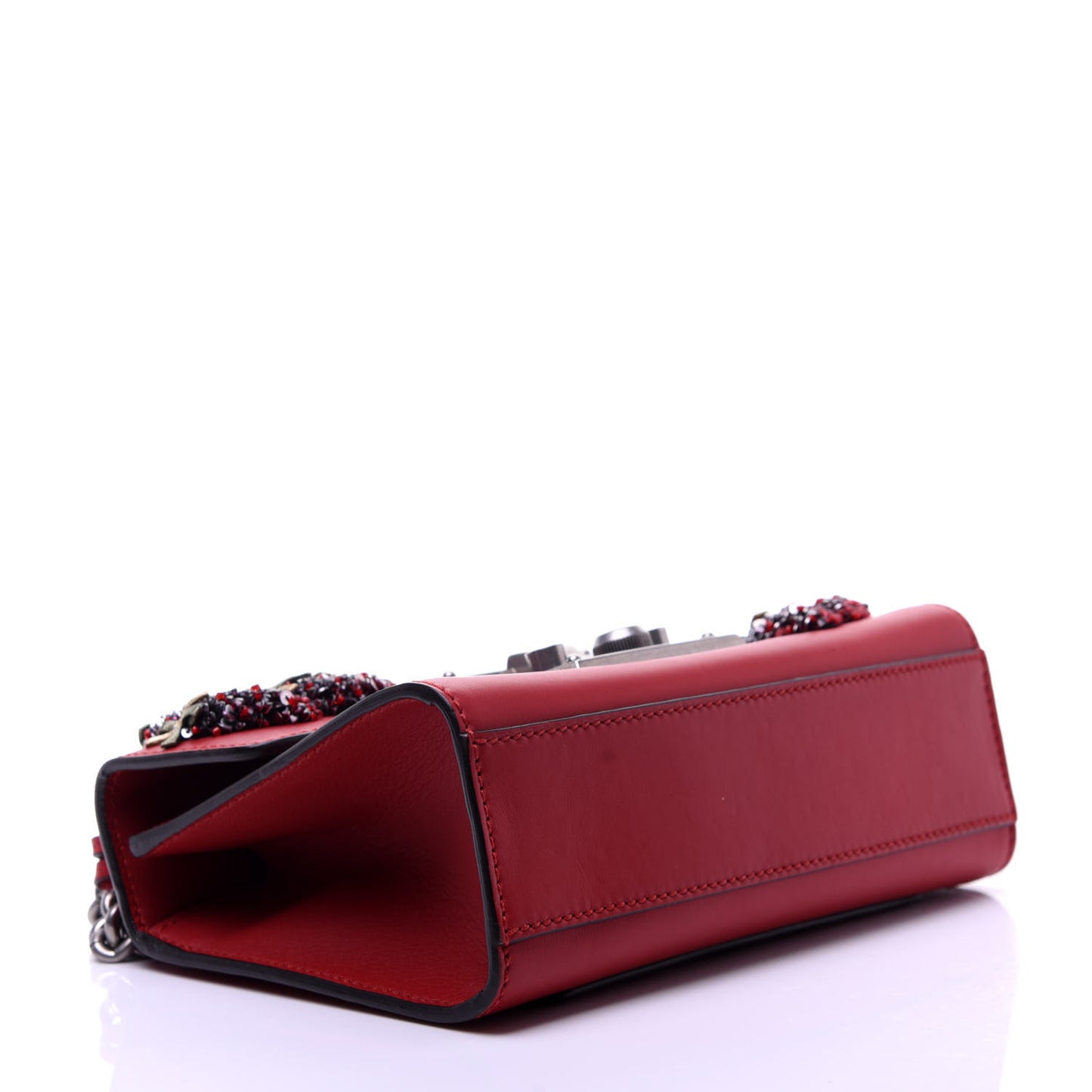 Calfskin Bee Embroidered Small Padlock Shoulder Bag Hibiscus Red