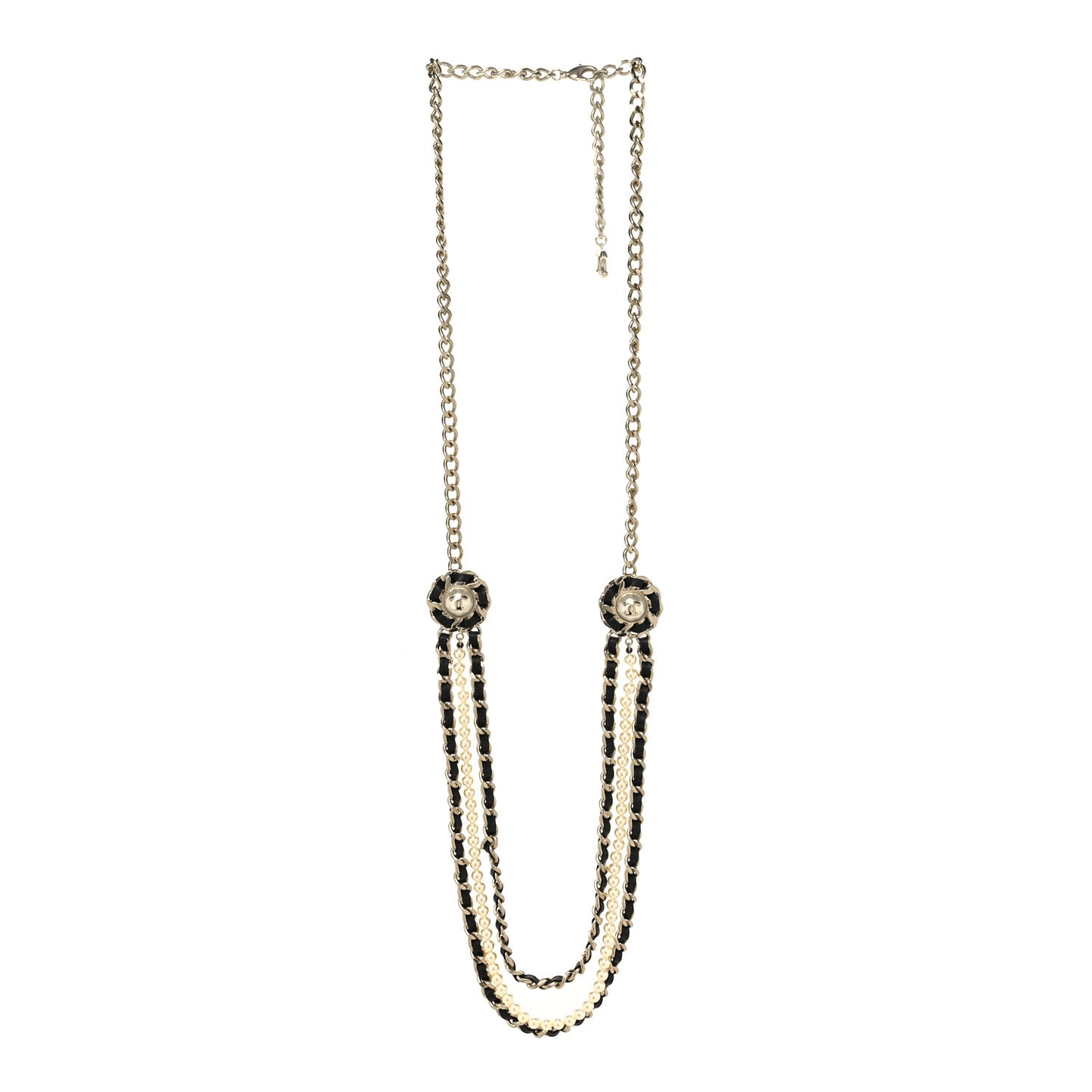 Pearl Lambskin Chain CC Multi Strand Necklace Gold Black