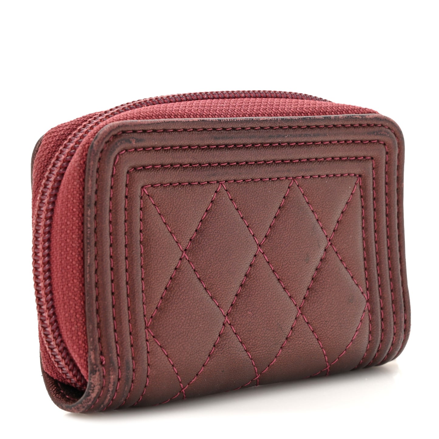 Lambskin Quilted Boy Zip Around Coin Purse Wallet Burgundy