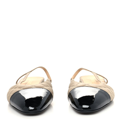 Chanel Lambskin Patent Cap Toe CC Slingback Flats Beige Black 2 of 7