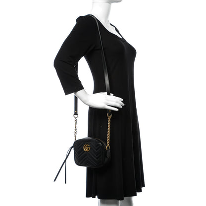 Gucci Calfskin Matelasse Mini GG Marmont Chain Shoulder Bag Black 2 of 9