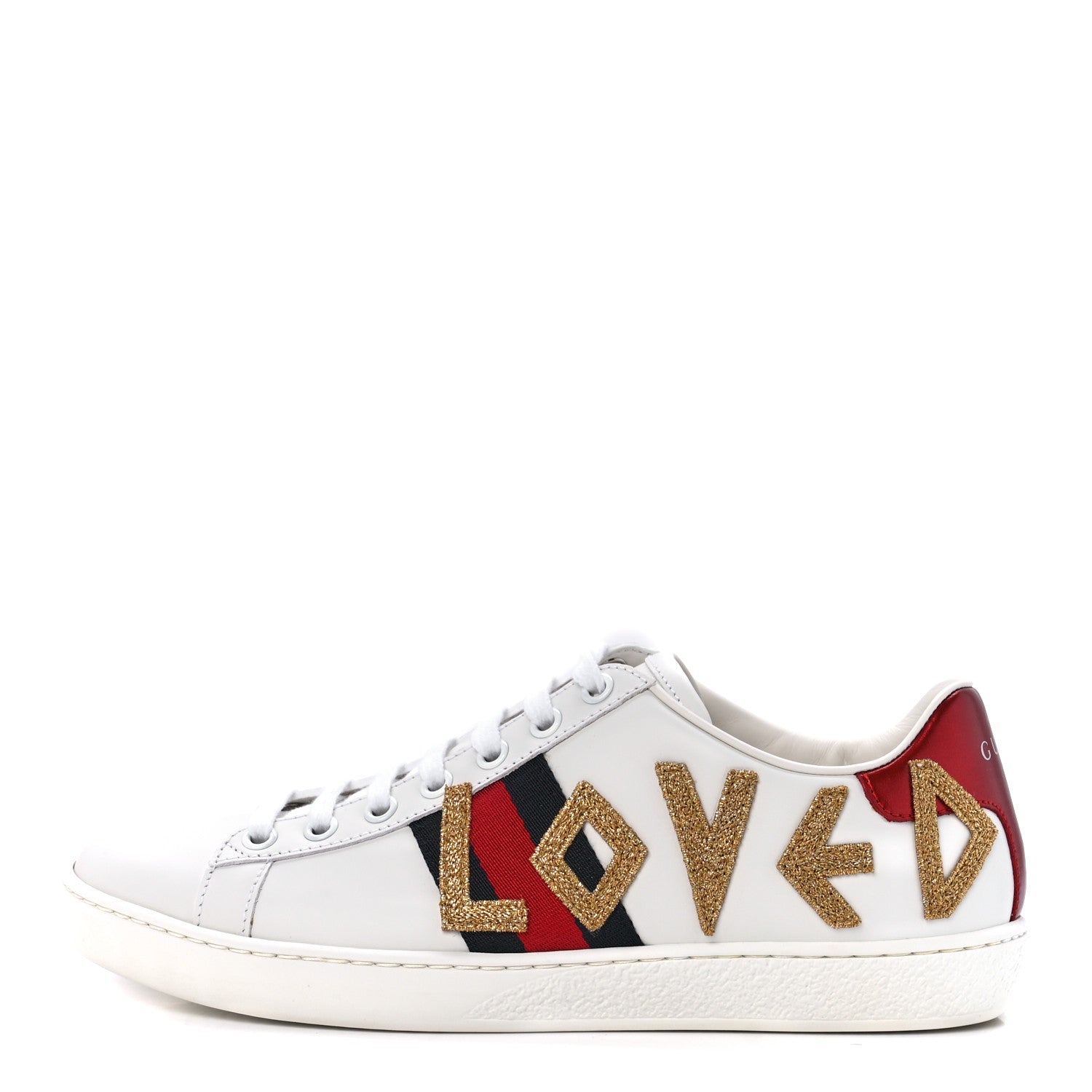 Gucci Calfskin Nappa Web LOVED Embroidered Womens Ace Sneakers 37 White Red Flame Notte 2 of 18