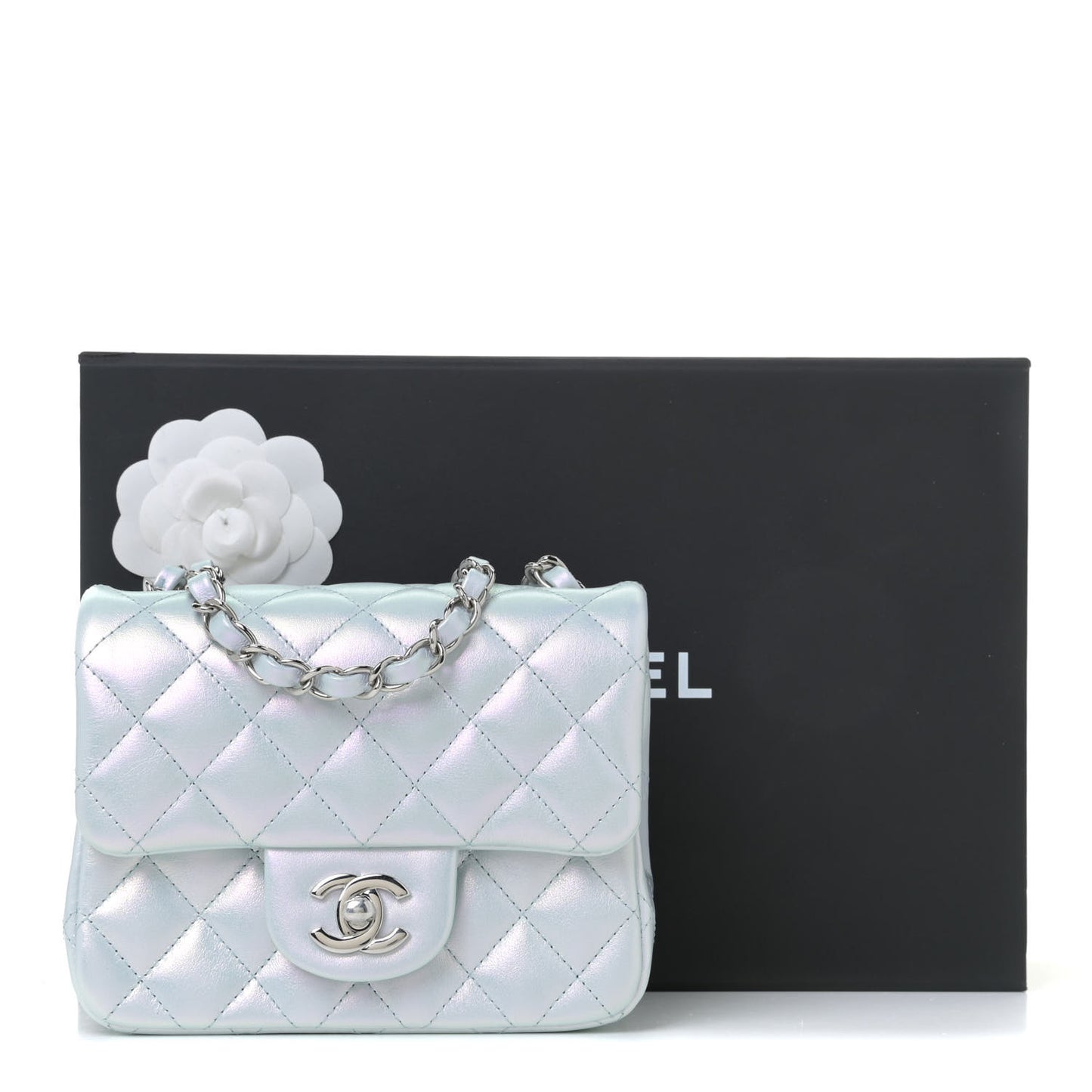 Iridescent Lambskin Quilted Mini Square Flap Light Blue