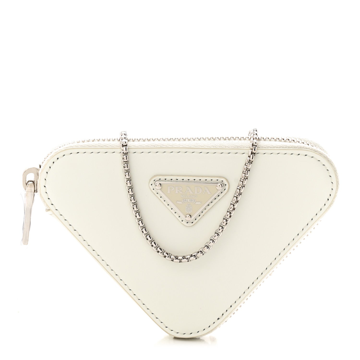 Prada Spazzolato Mini Triangle Chain Crossbody Pouch White 1 of 11