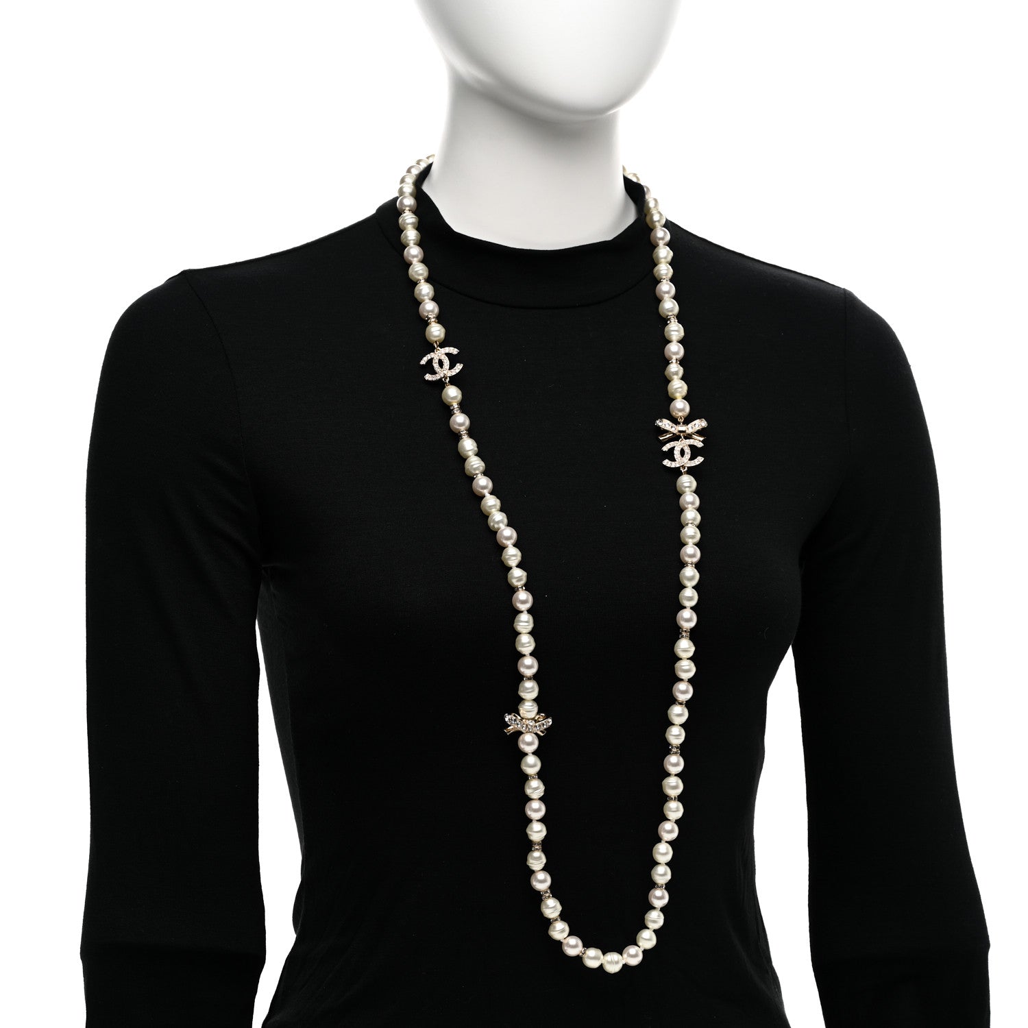Chanel Crystal Pearl CC Bow Long Necklace Light Gold 2 of 5