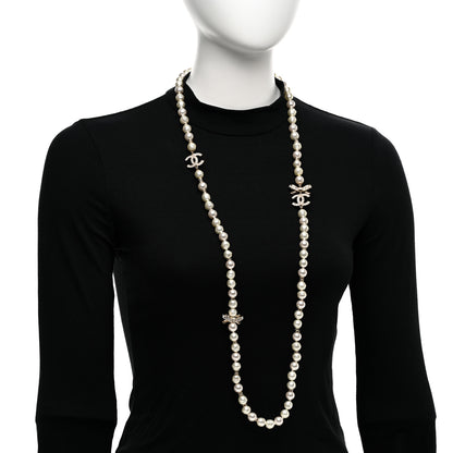 Chanel Crystal Pearl CC Bow Long Necklace Light Gold 2 of 5