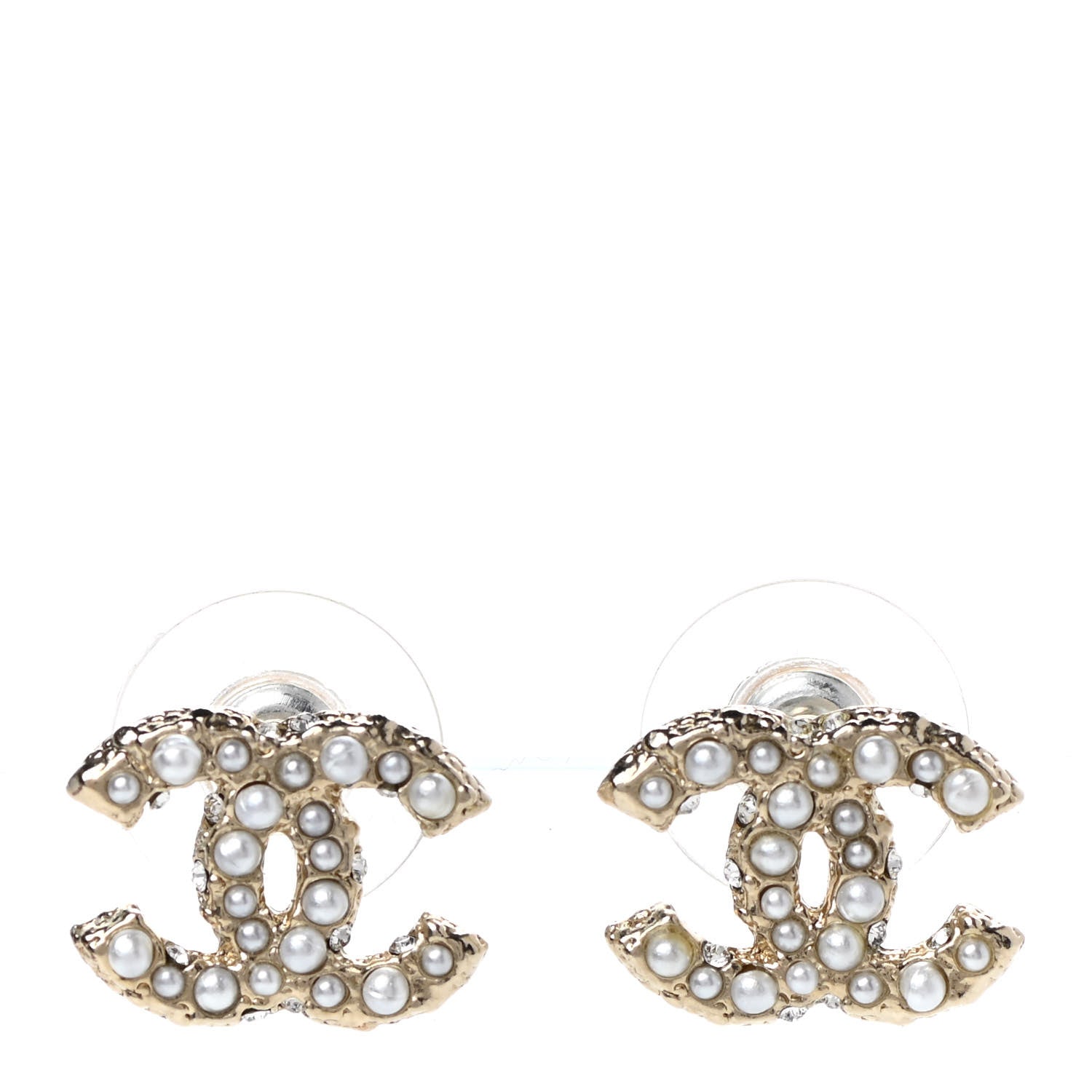 Chanel Metal Graduated Pearl Crystal CC Earrings Light Gold 1 of 4