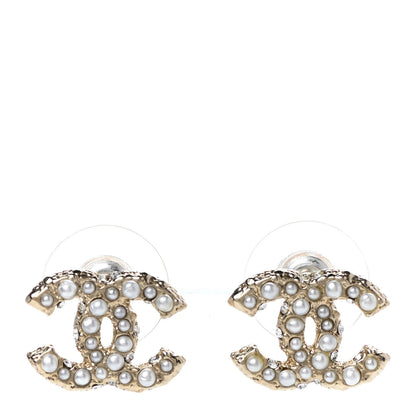 Chanel Metal Graduated Pearl Crystal CC Earrings Light Gold 1 of 4