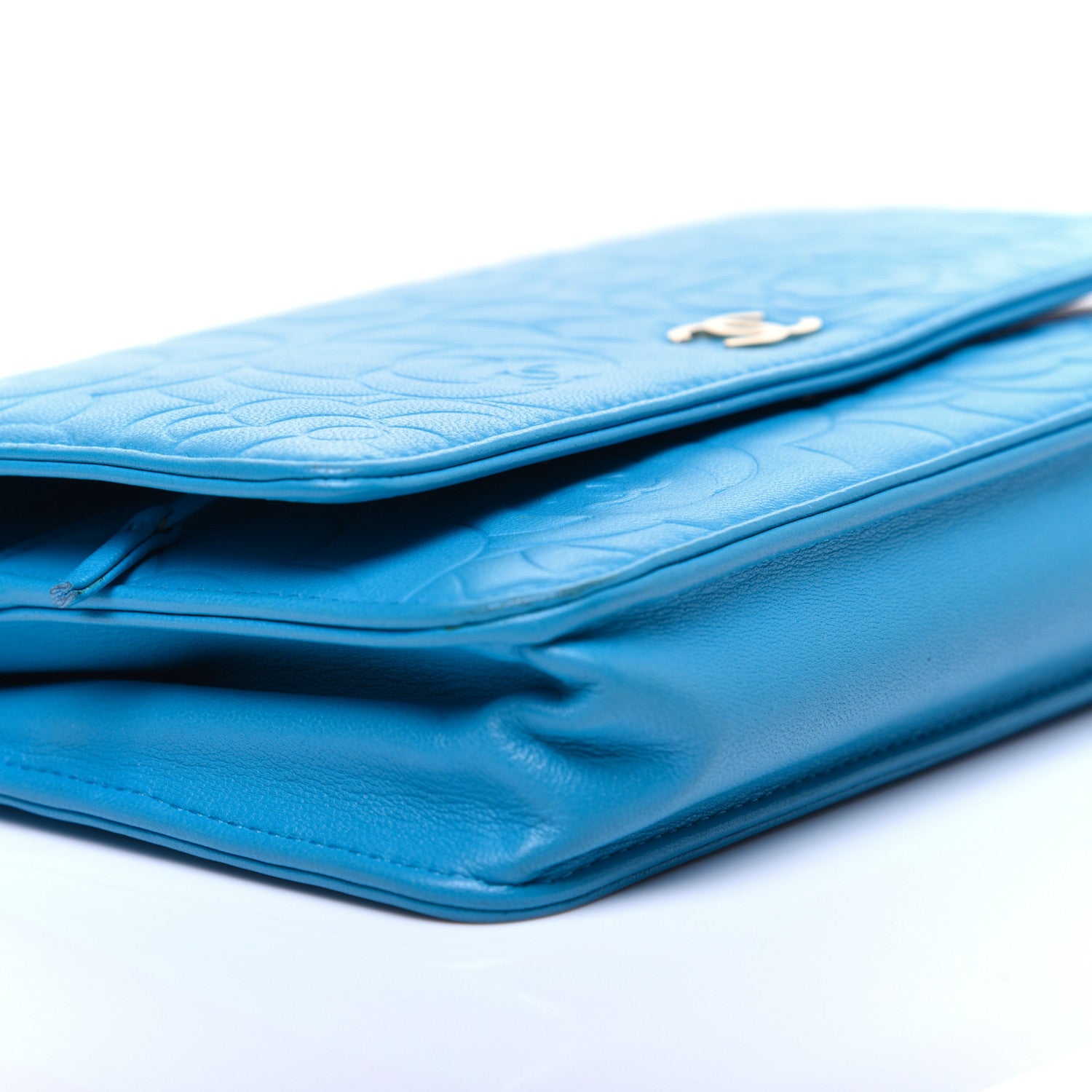 Chanel Lambskin Camellia Embossed Wallet On Chain WOC Turquoise 6 of 12