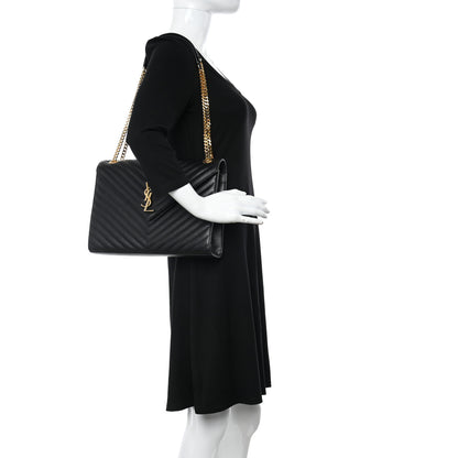 Saint Laurent Grain De Poudre Matelasse Chevron Large Monogram Satchel Black 2 of 10