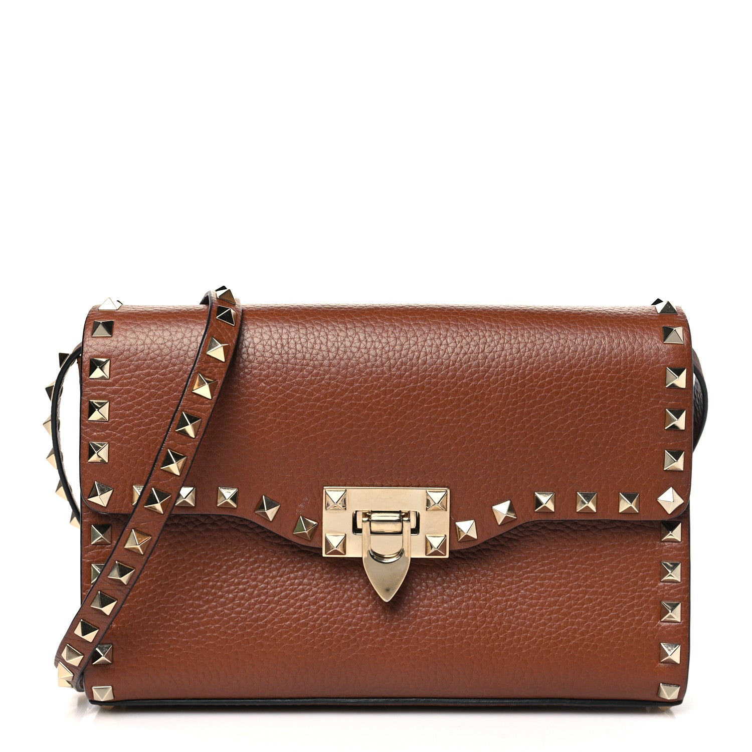 Valentino Garavani Pebbled Calfskin Medium Rockstud Flip Lock Crossbody Bag Saddle Brown 1 of 9