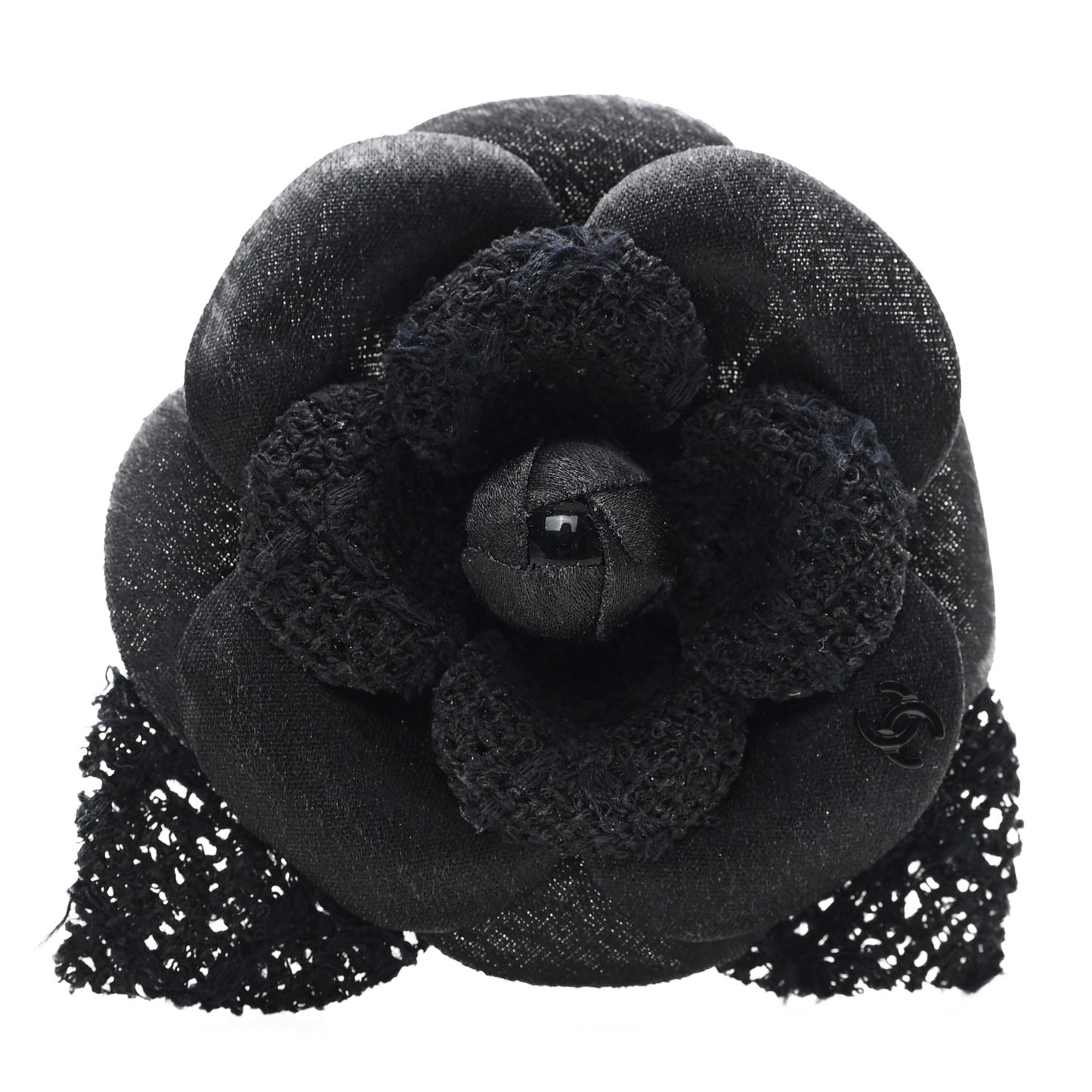 Tweed Fabric Camellia Pin Brooch Black