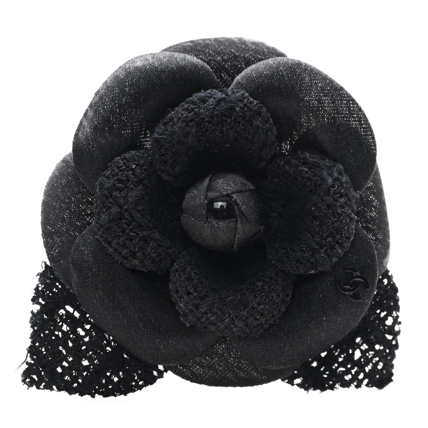 Chanel Tweed Fabric Camellia Pin Brooch Black 1 of 3