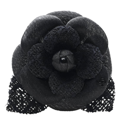 Chanel Tweed Fabric Camellia Pin Brooch Black 1 of 3