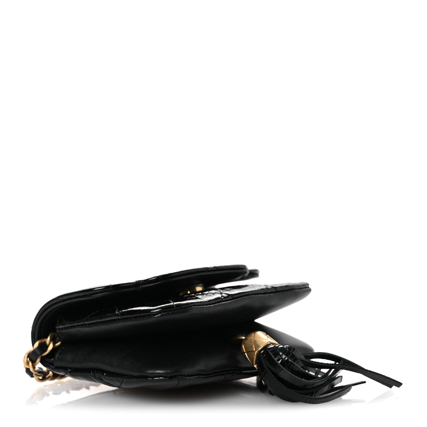 Crumpled Patent Lambskin Quilted Tassel Clutch With Chain Black