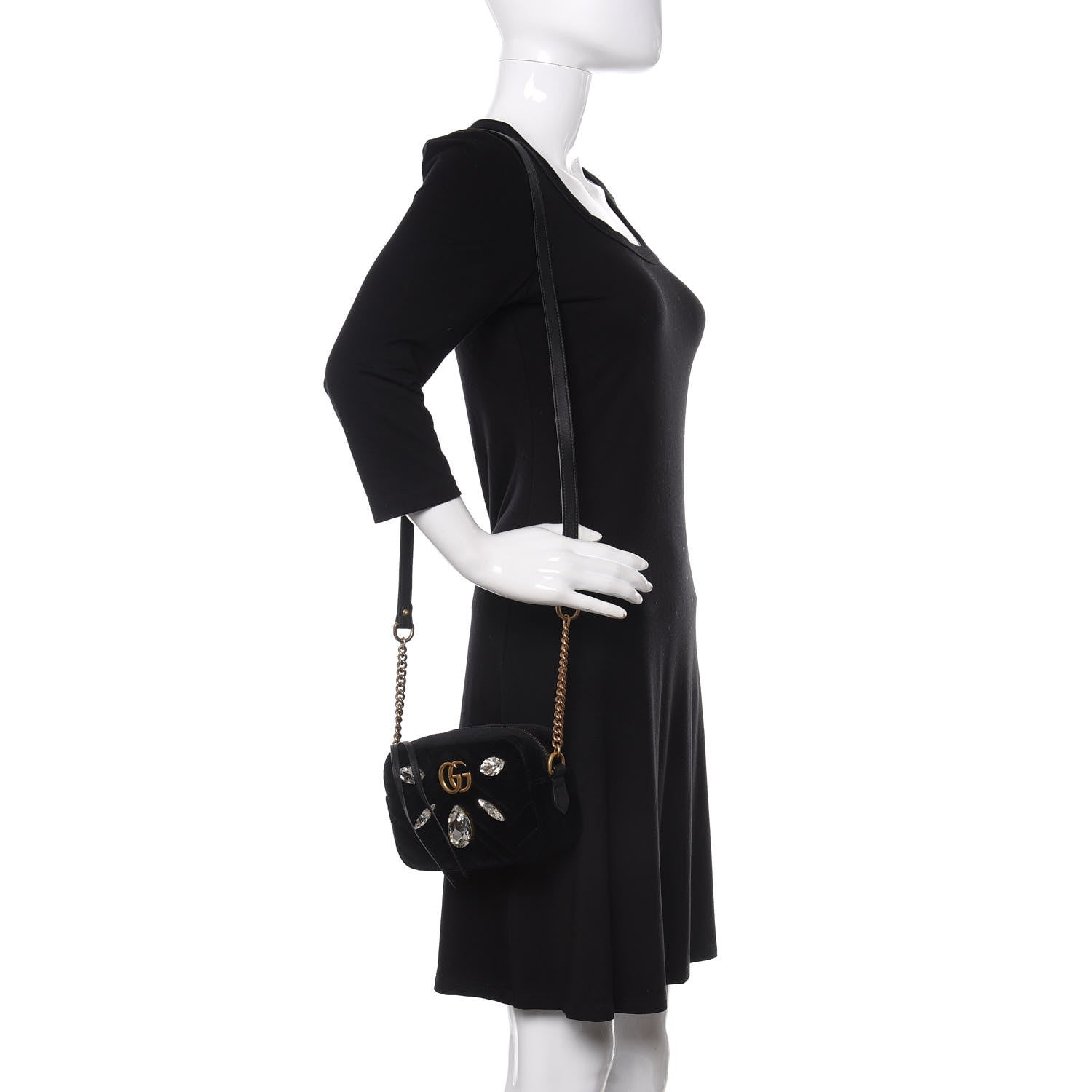 Gucci Velvet Matelasse Marquise Crystals Mini GG Marmont Chain Shoulder Bag Black 2 of 10