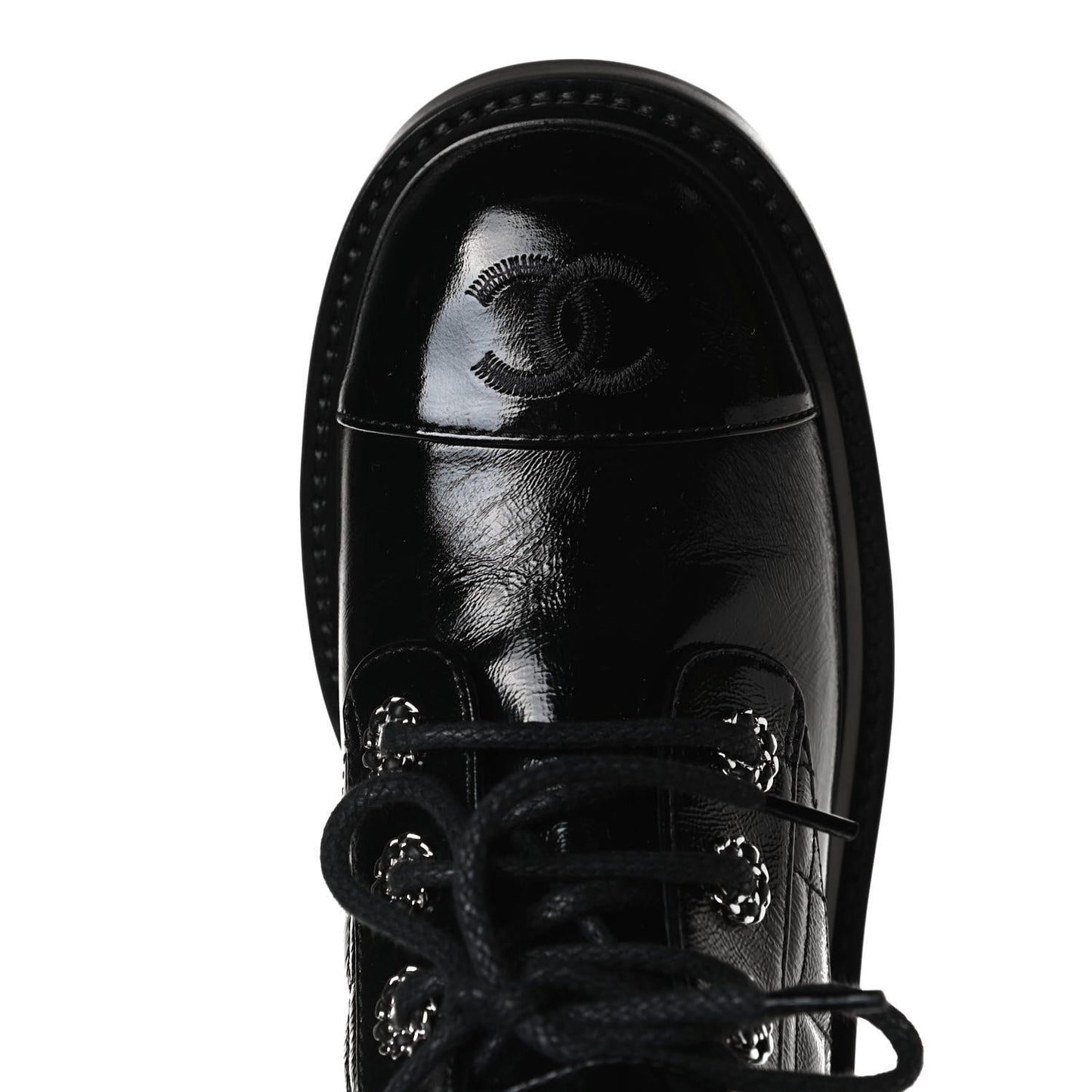 Shiny Calfskin Quilted Lace Up Combat Boots 35.5 Black
