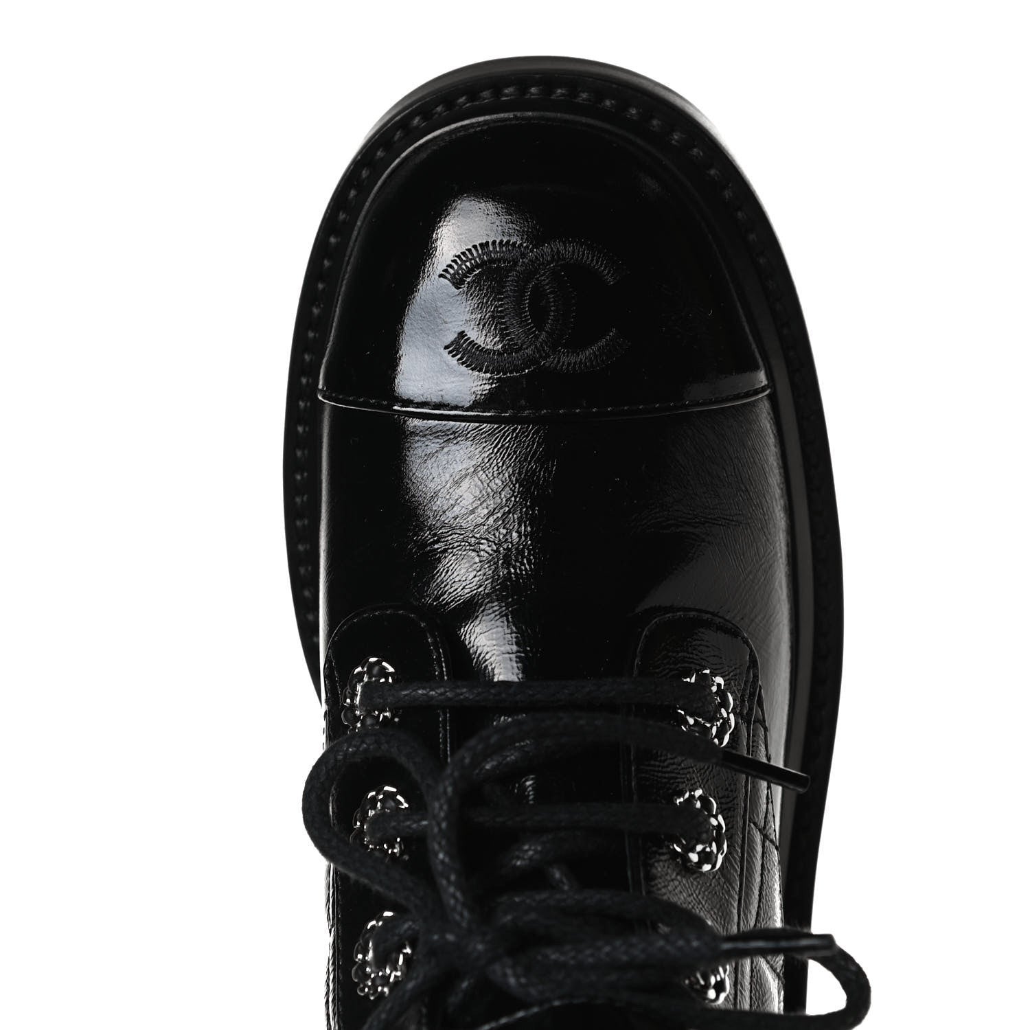 Chanel Shiny Calfskin Quilted Lace Up Combat Boots 35.5 Black 10 of 13