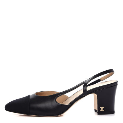Chanel Goatskin Grosgrain Cap Toe CC Slingback Sandals 39.5 Black 1 of 11