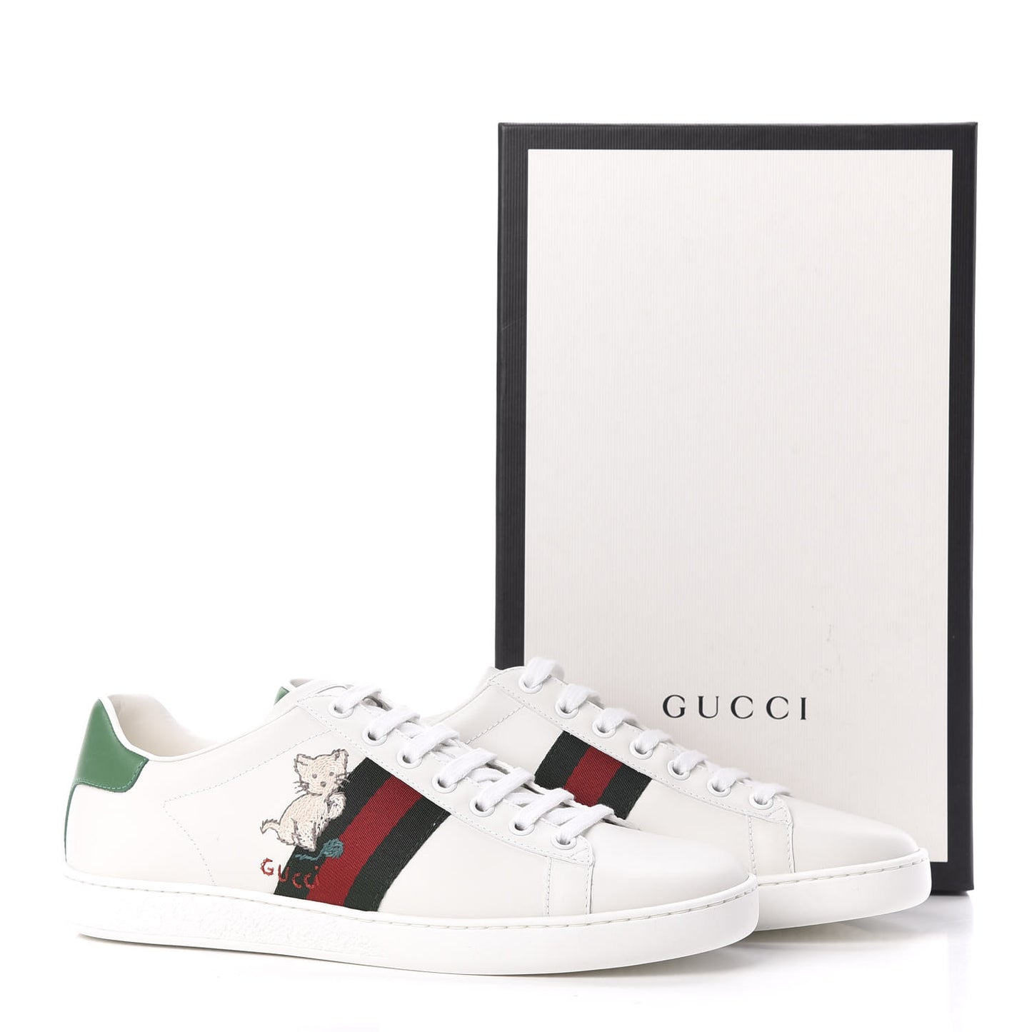 Calfskin Web Pig Kitten Embroidered Womens Ace Sneakers 39 White