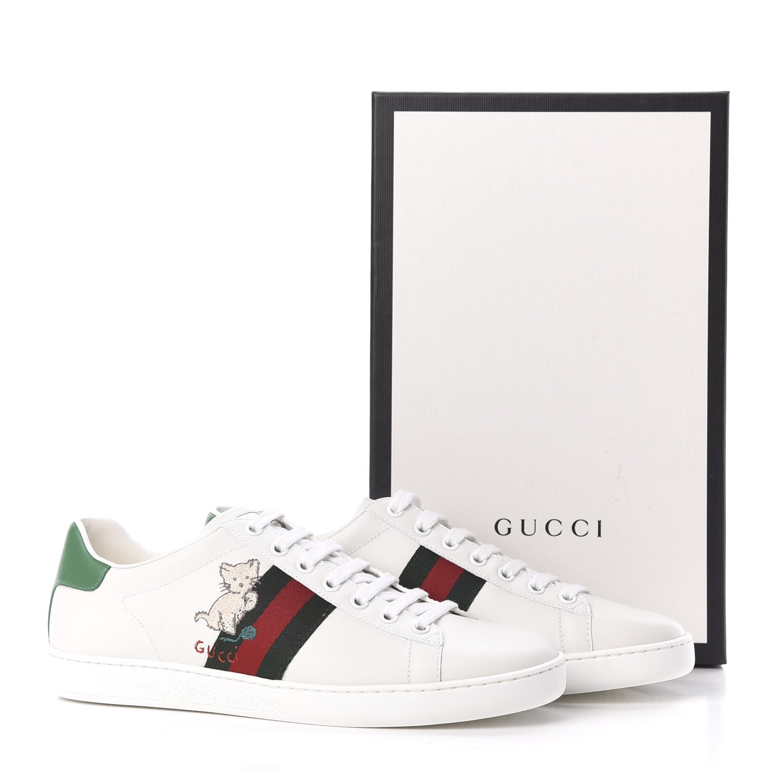 Gucci Calfskin Web Pig Kitten Embroidered Womens Ace Sneakers 39 White 8 of 8