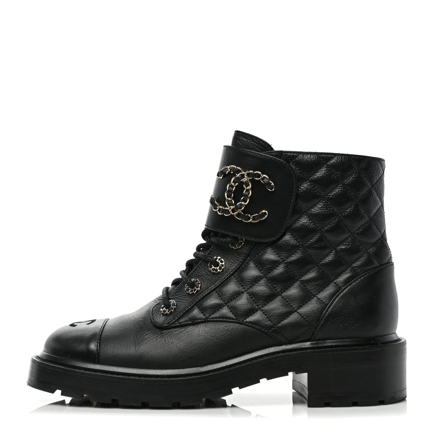 Chanel Lambskin Calfskin Quilted Lace Up Combat Boots 40.5 Black 1 of 7