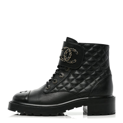 Chanel Lambskin Calfskin Quilted Lace Up Combat Boots 40.5 Black 1 of 7
