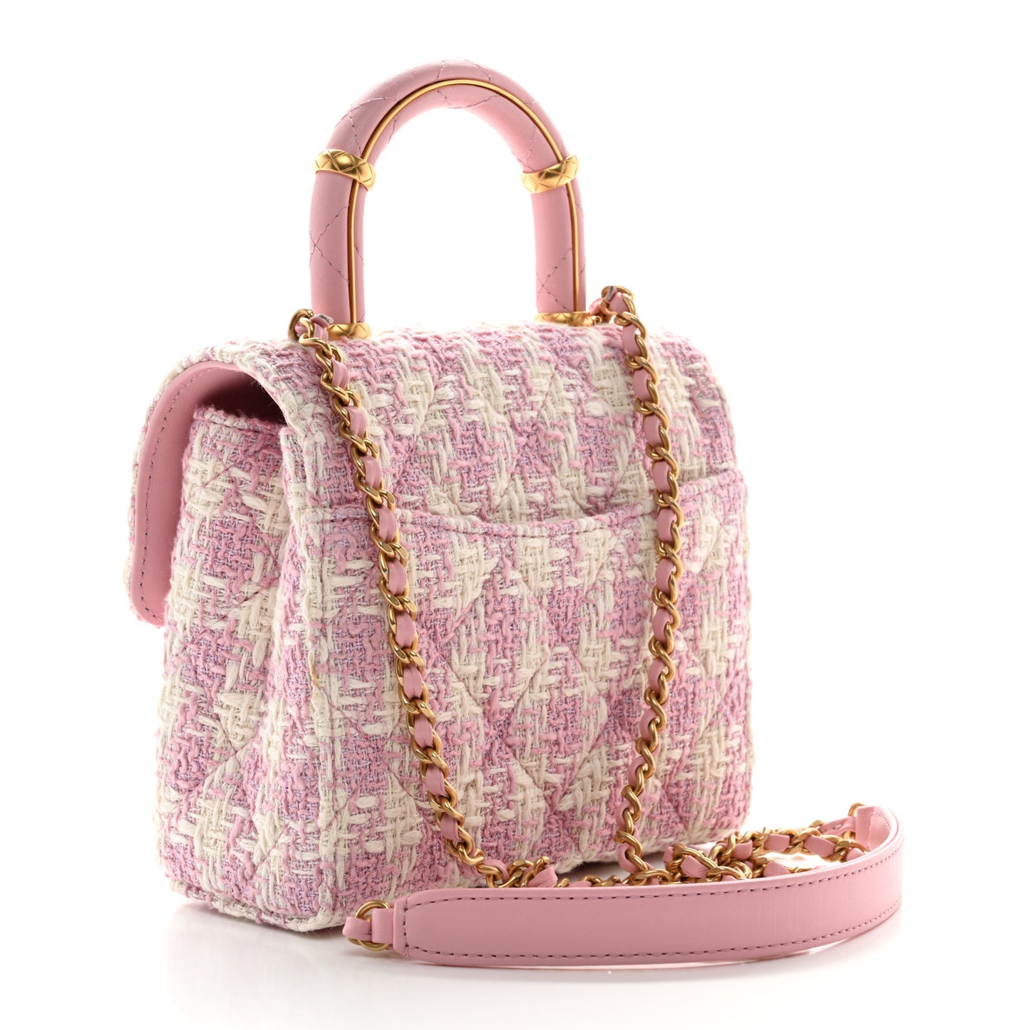 Tweed Handle Crush Top Handle Flap Bag Pink Ecru