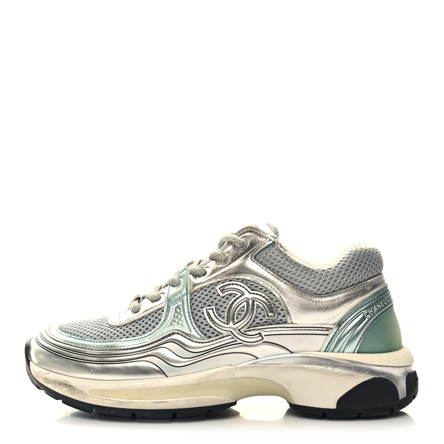 Fabric Laminated Calfskin Stretch CC Womens Sneakers 37 Green Silver