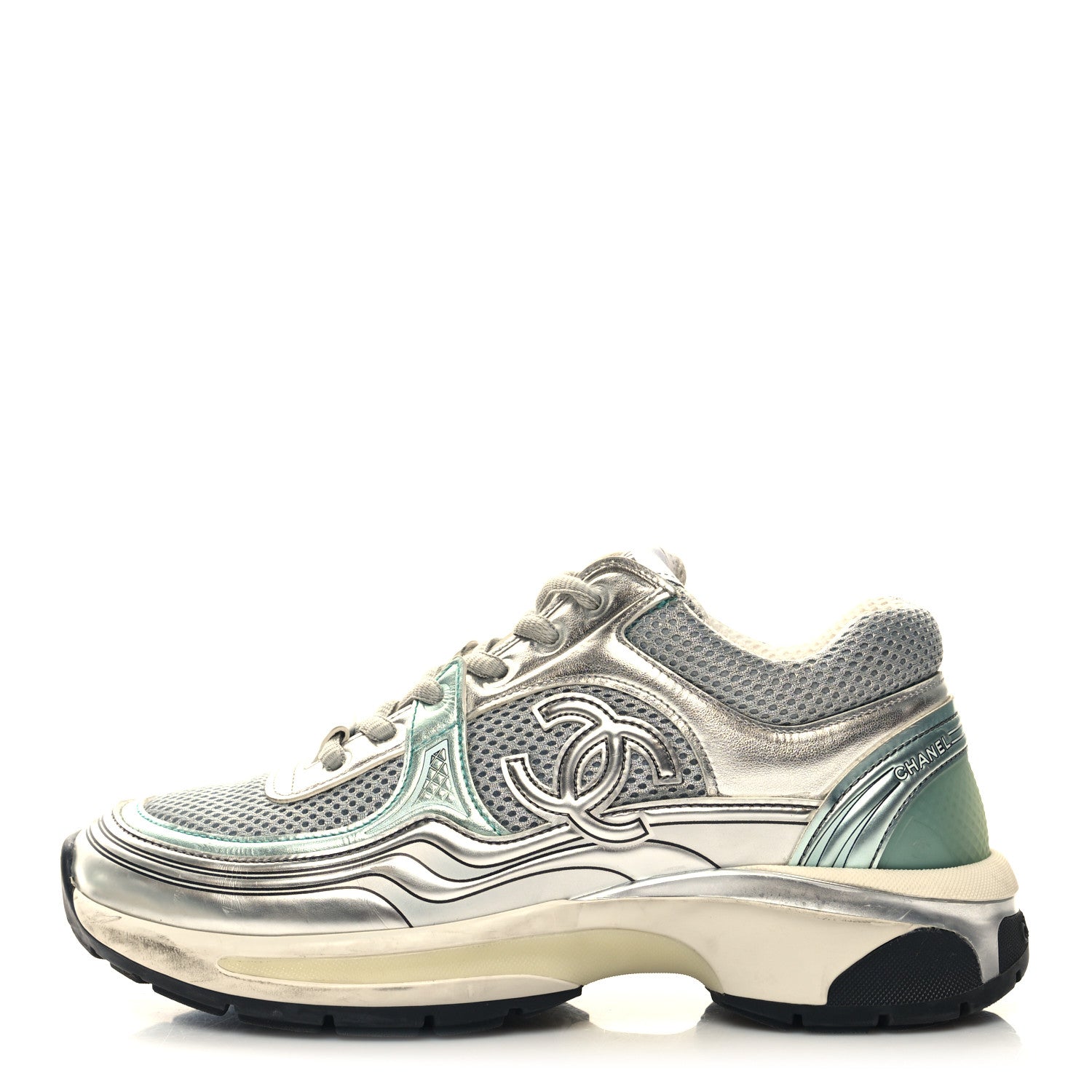 Chanel Fabric Laminated Calfskin Stretch CC Womens Sneakers 37 Green Silver 1 of 8