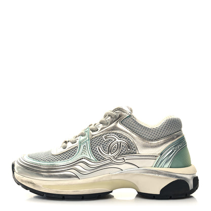 Chanel Fabric Laminated Calfskin Stretch CC Womens Sneakers 37 Green Silver 1 of 8