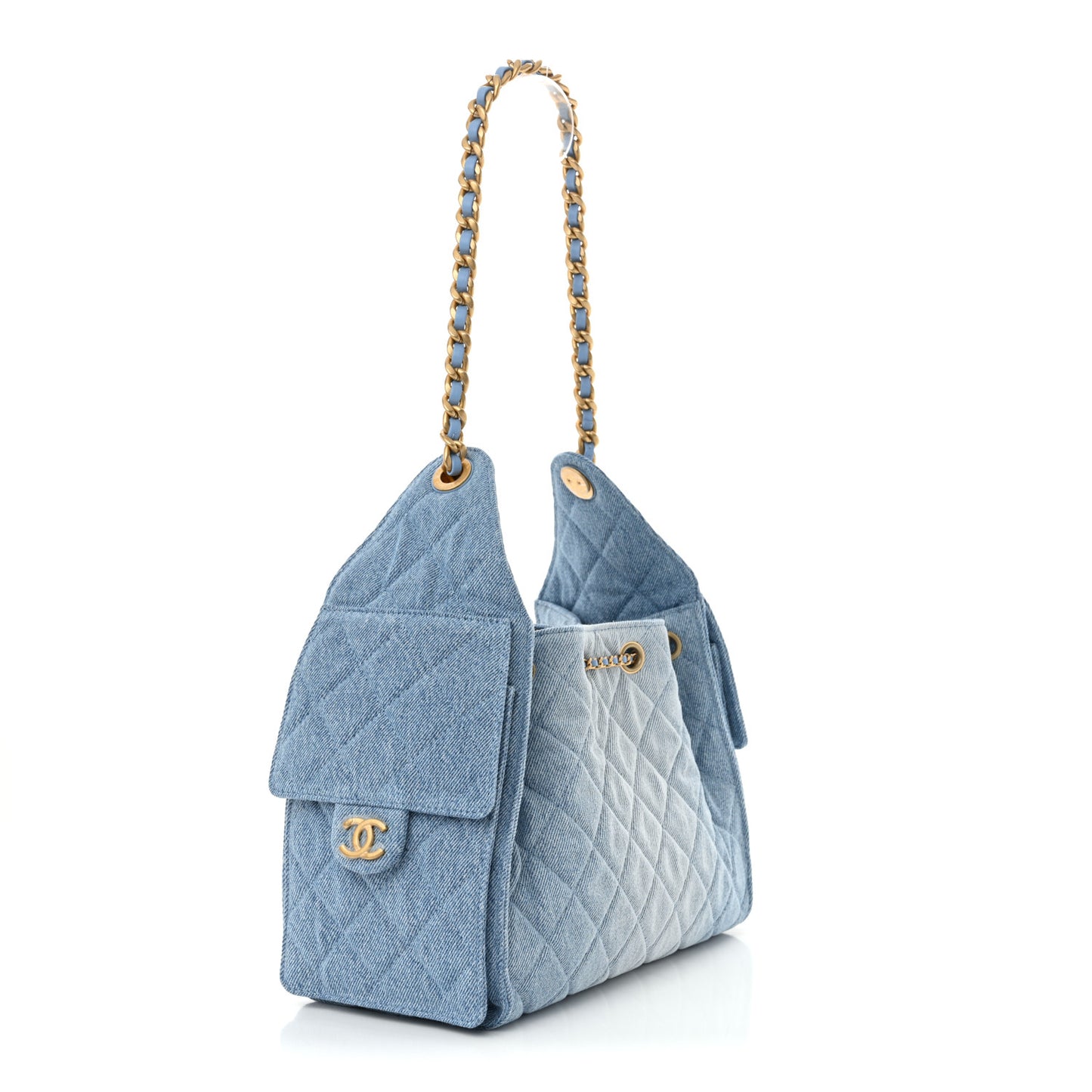 Washed Denim Quilted Small Chanel 25 Handbag Blue