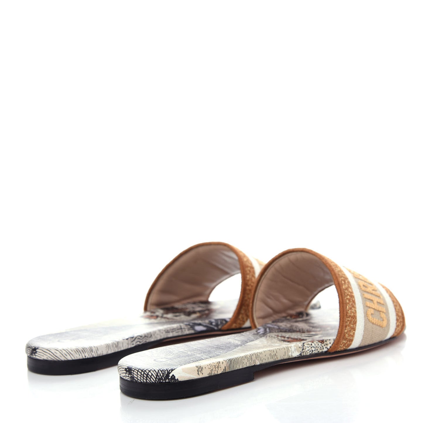 Canvas Lurex Baobab Embroidered Dway Flat Slide Sandals 36.5 Beige