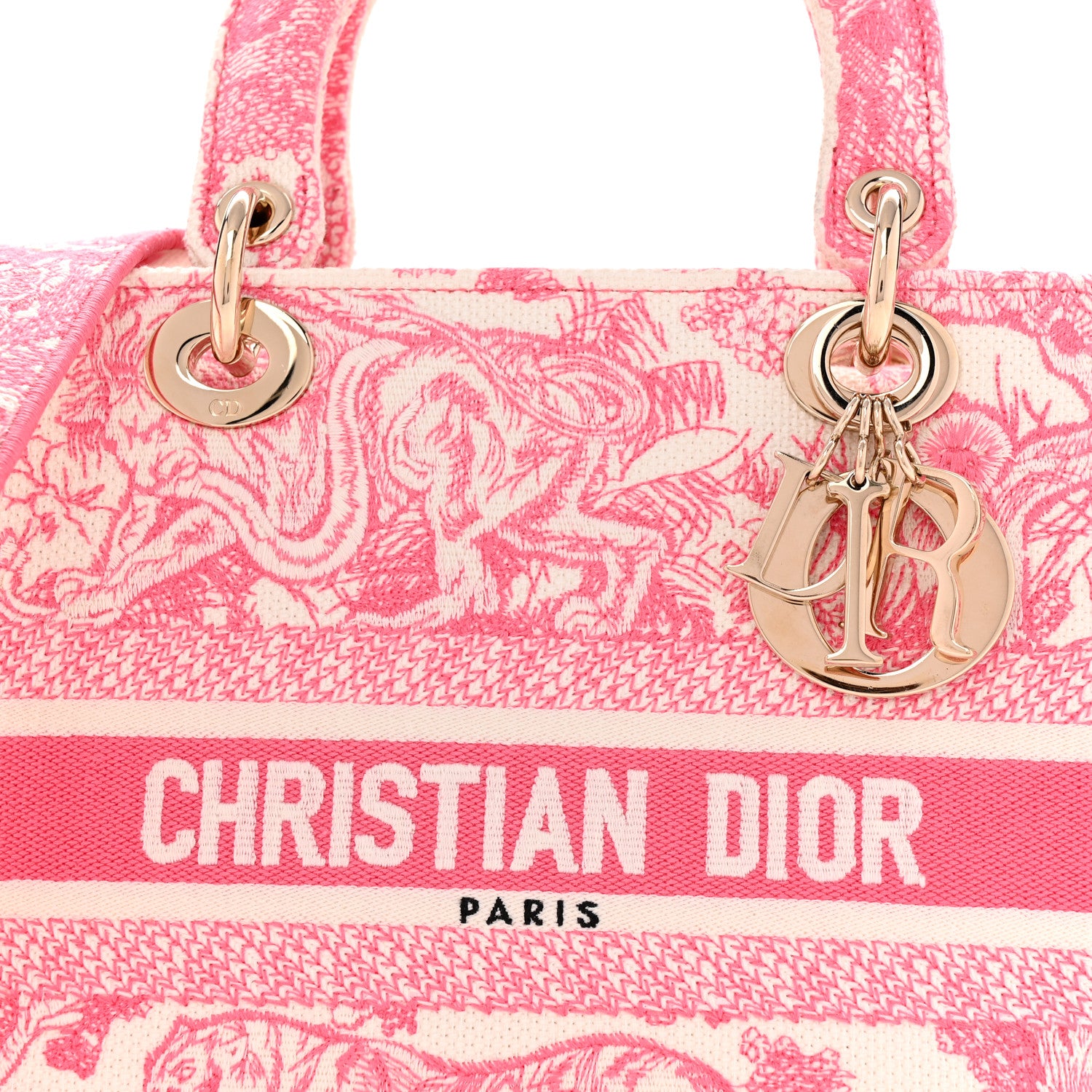 Christian Dior Canvas Toile De Jouy Reverse Embroidered Medium Lady D-Lite Fluorescent Pink 8 of 10