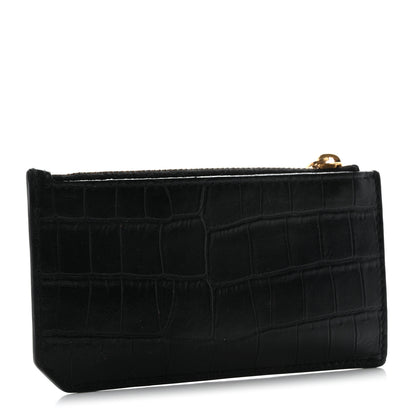 Saint Laurent Calfskin Crocodile Embossed 5 Fragments Zip Pouch Card Holder Black 3 of 8