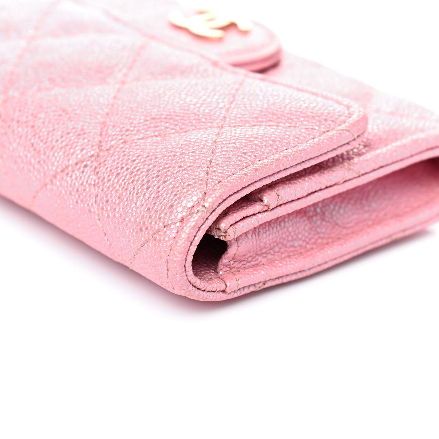 Iridescent Caviar Quilted Flap Card Holder Rose Pink