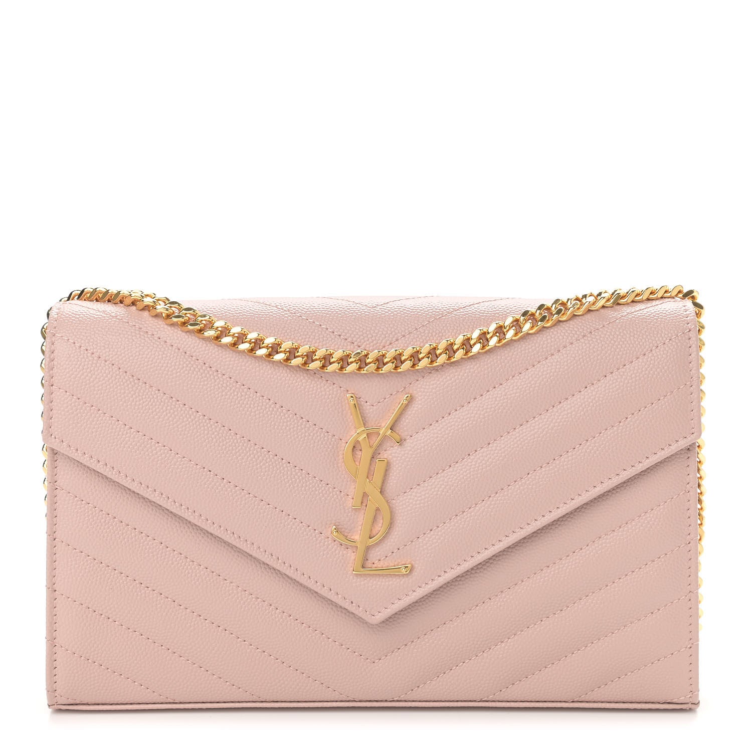 Saint Laurent Grain De Poudre Matelasse Chevron Monogram Chain Wallet Pale Pink 1 of 12