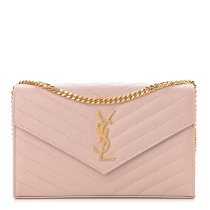 Saint Laurent Grain De Poudre Matelasse Chevron Monogram Chain Wallet Pale Pink 1 of 12