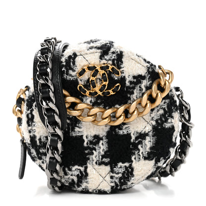 Chanel Wool Tweed Lambskin Quilted Chanel 19 Round Clutch With Chain and Coin Purse Black White Ecru 1 of 10