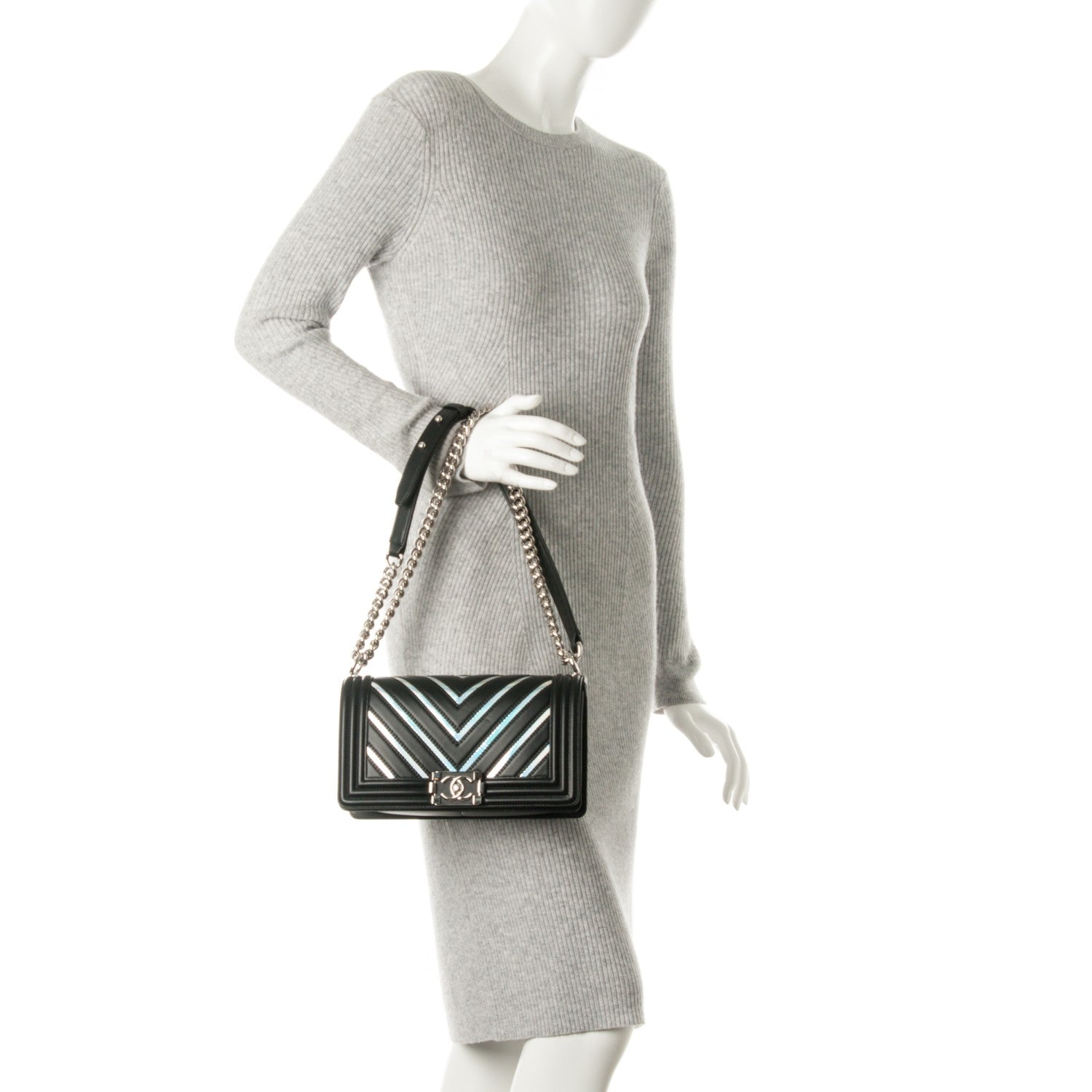 Chanel Lambskin Iridescent PVC Chevron Quilted Medium Boy Flap Black Silver 2 of 9