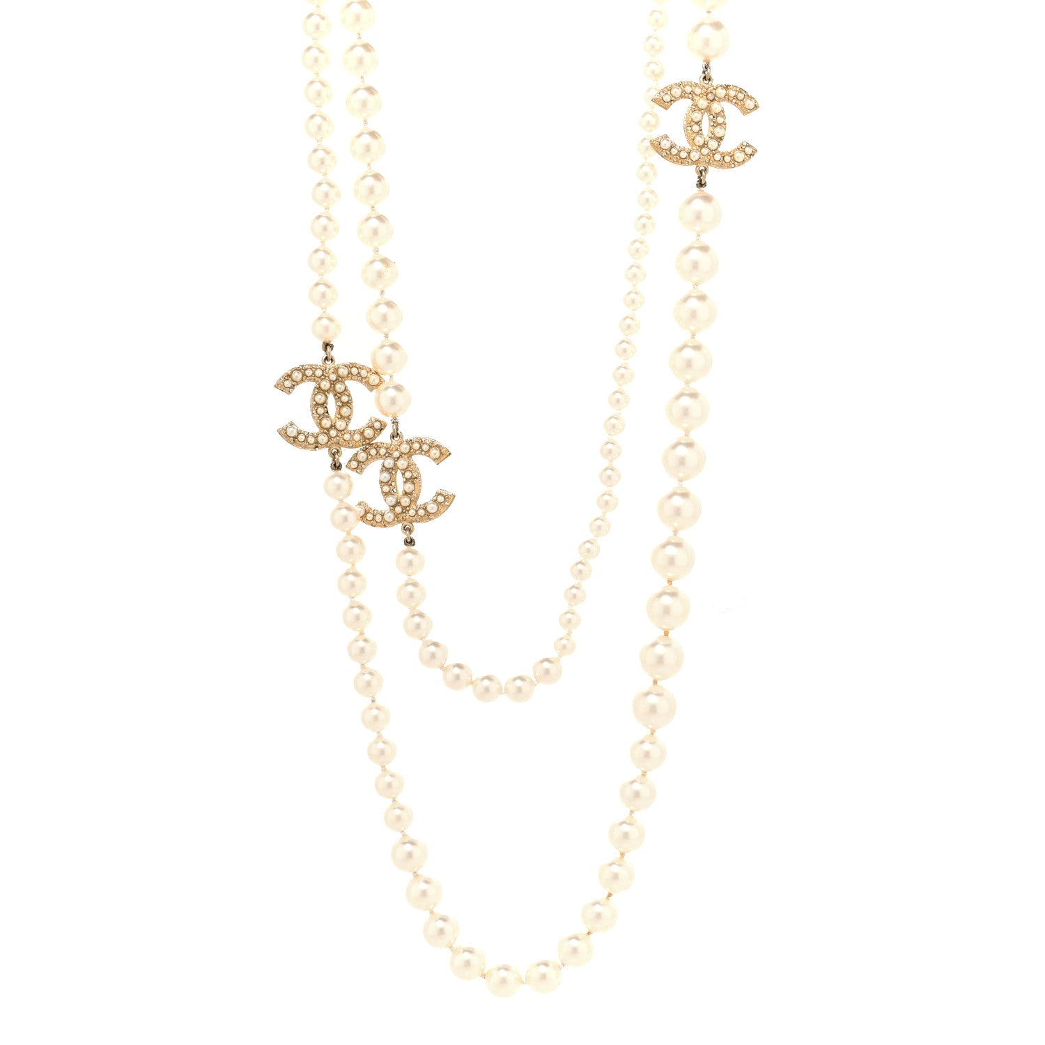 Chanel Graduated Pearl Studded CC Long Necklace Gold 1 of 4