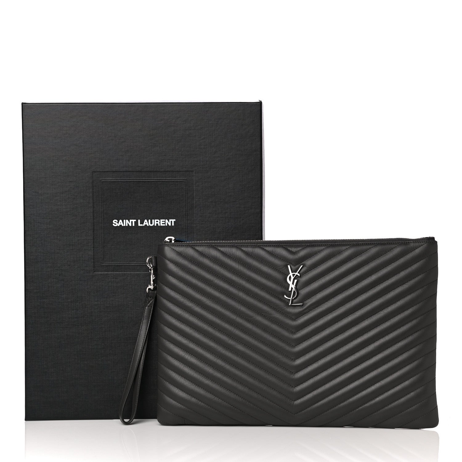 Saint Laurent Calfskin Matelasse Chevron Cassandre Monogram Document Holder Coal 8 of 8