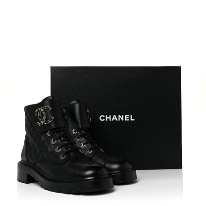 Chanel Lambskin Calfskin Quilted Lace Up Combat Boots 39.5 Black 15 of 16