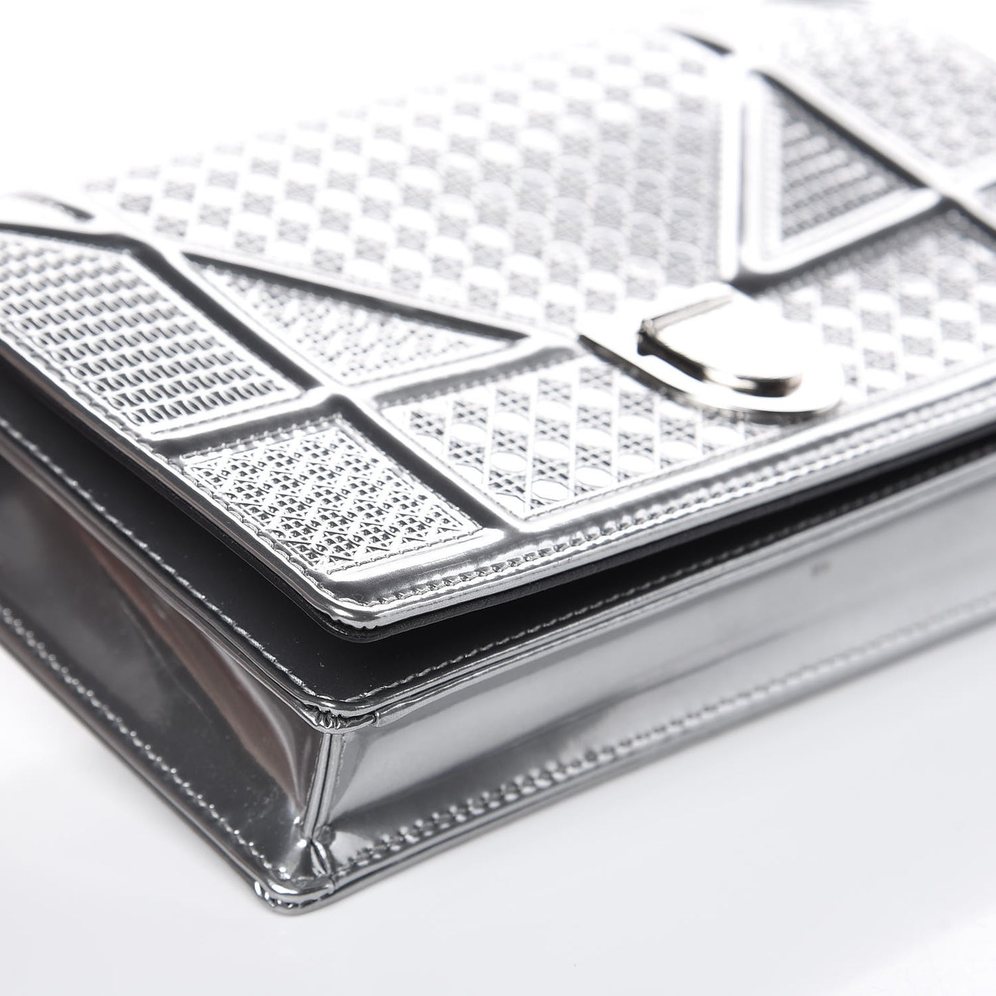 Metallic Patent Micro-Cannage Diorama Wallet on Chain Pouch Silver