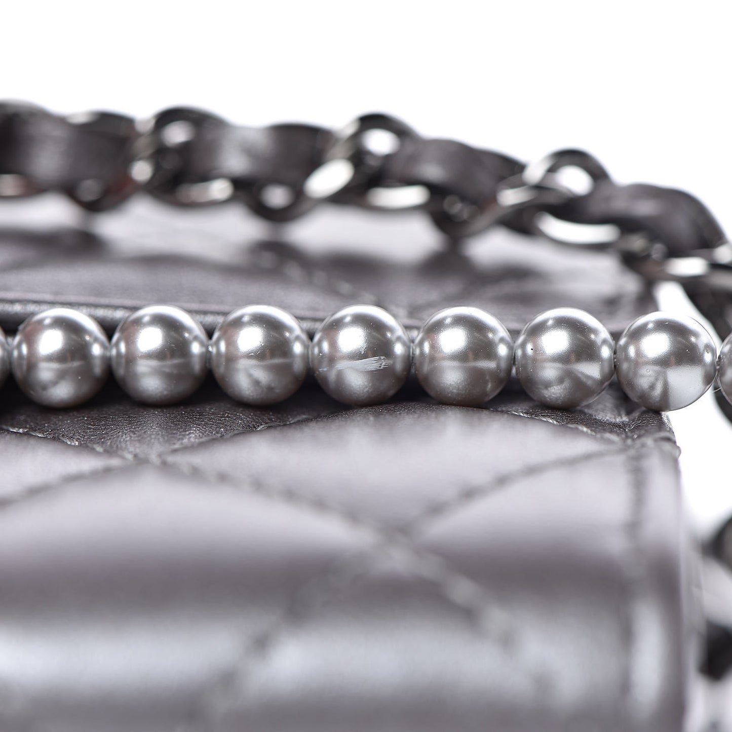 Lambskin Quilted Pearl My Shoulder Mini French Wallet On Chain WOC Silver