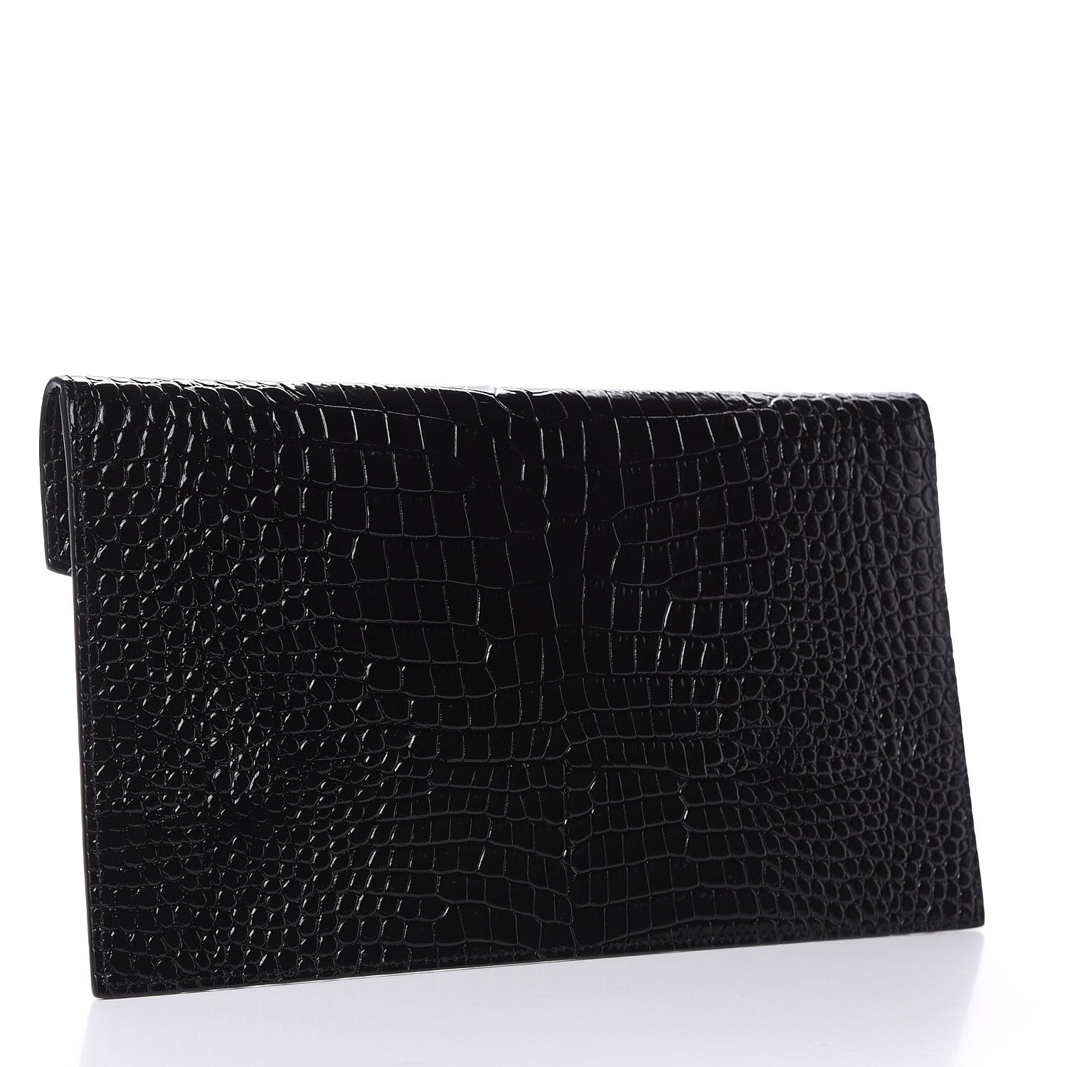 Saint Laurent Calfskin Crocodile Embossed Uptown Monogram Clutch Black 3 of 6