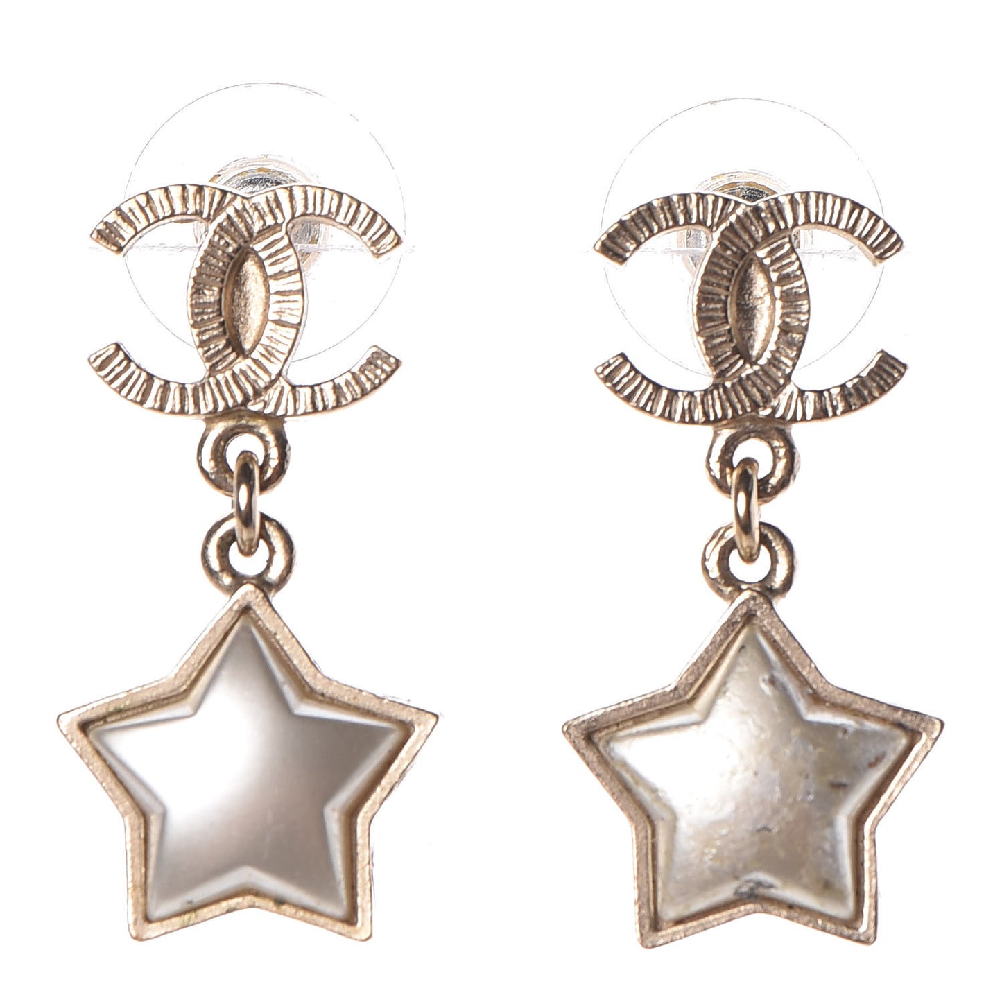 Metal Resin Pearl Star CC Drop Earrings Gold