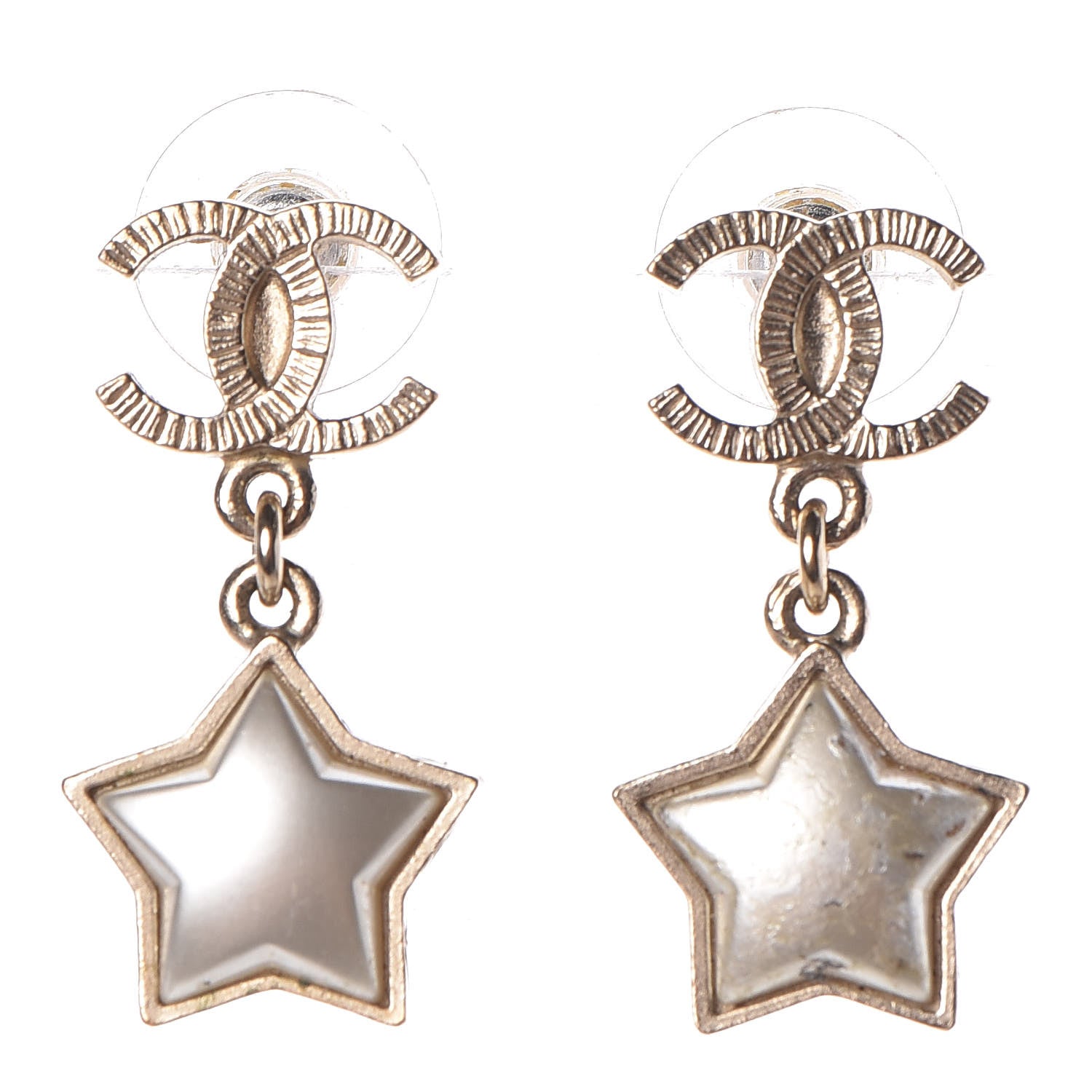 Chanel Metal Resin Pearl Star CC Drop Earrings Gold 1 of 4