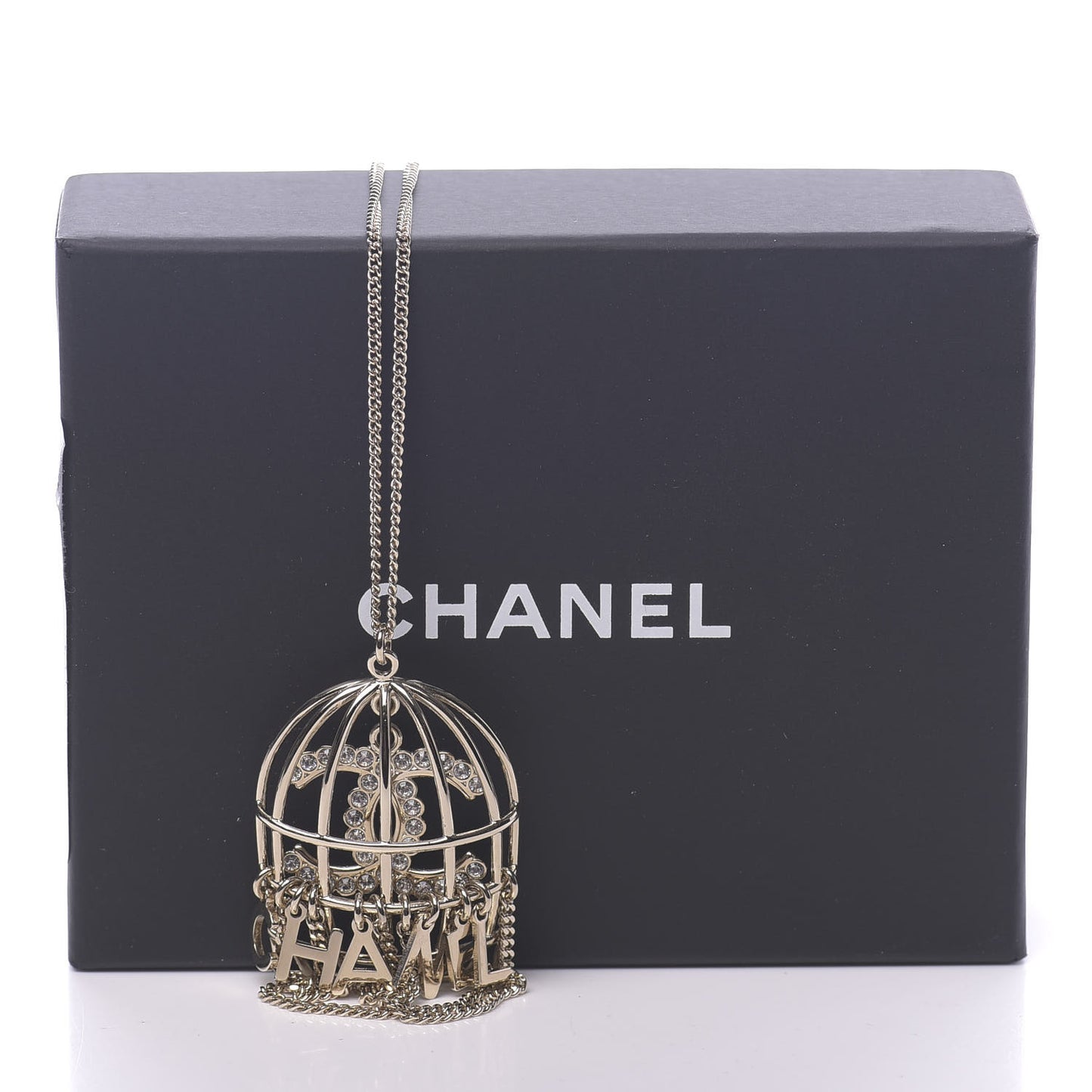 Metal Crystal Logo Bird Cage Necklace Gold