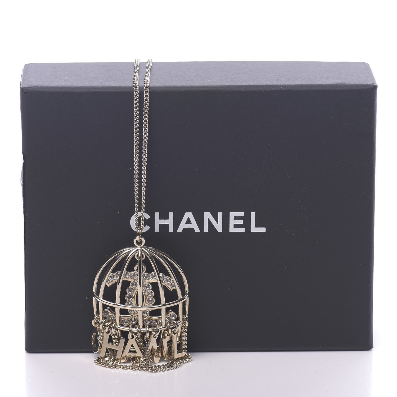Chanel Metal Crystal Logo Bird Cage Necklace Gold 6 of 6